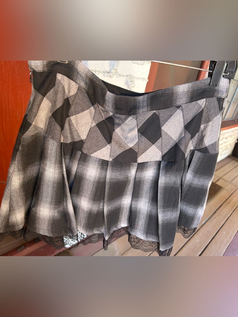 Disturbia Black & Gray Plaid Pleated Skater Skirt with Lace Hem